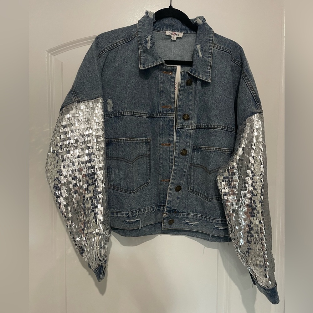 Denim Jacket Sequin Sleeves | Size L NWT